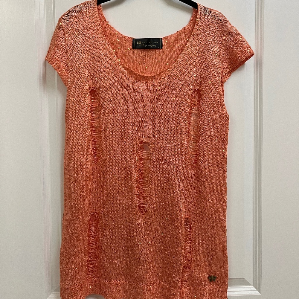 BSB Collection Orange Sequin Distressed Knit Top – Size M
